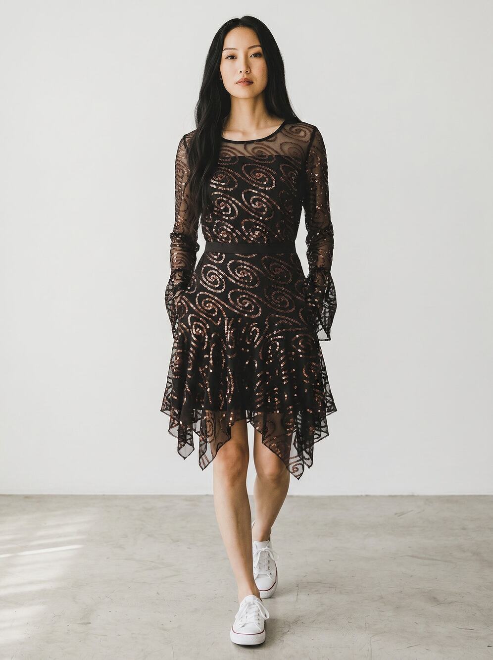 New AIDA Brown Sequins Shirt & Skirt Outfit Set Large